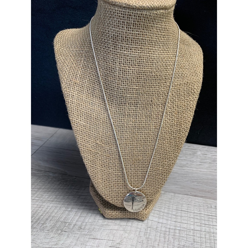 Dragonfly Happy Disc Pendant Necklace Silver Tone Snake Chain 20 Inch Adjustable